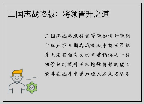 三国志战略版：将领晋升之道