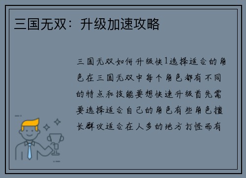 三国无双：升级加速攻略
