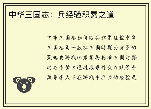 中华三国志：兵经验积累之道